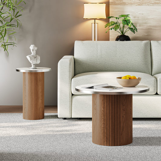 Fluted round coffee table and side table with walnut slatted pedestals and white marble-effect tops