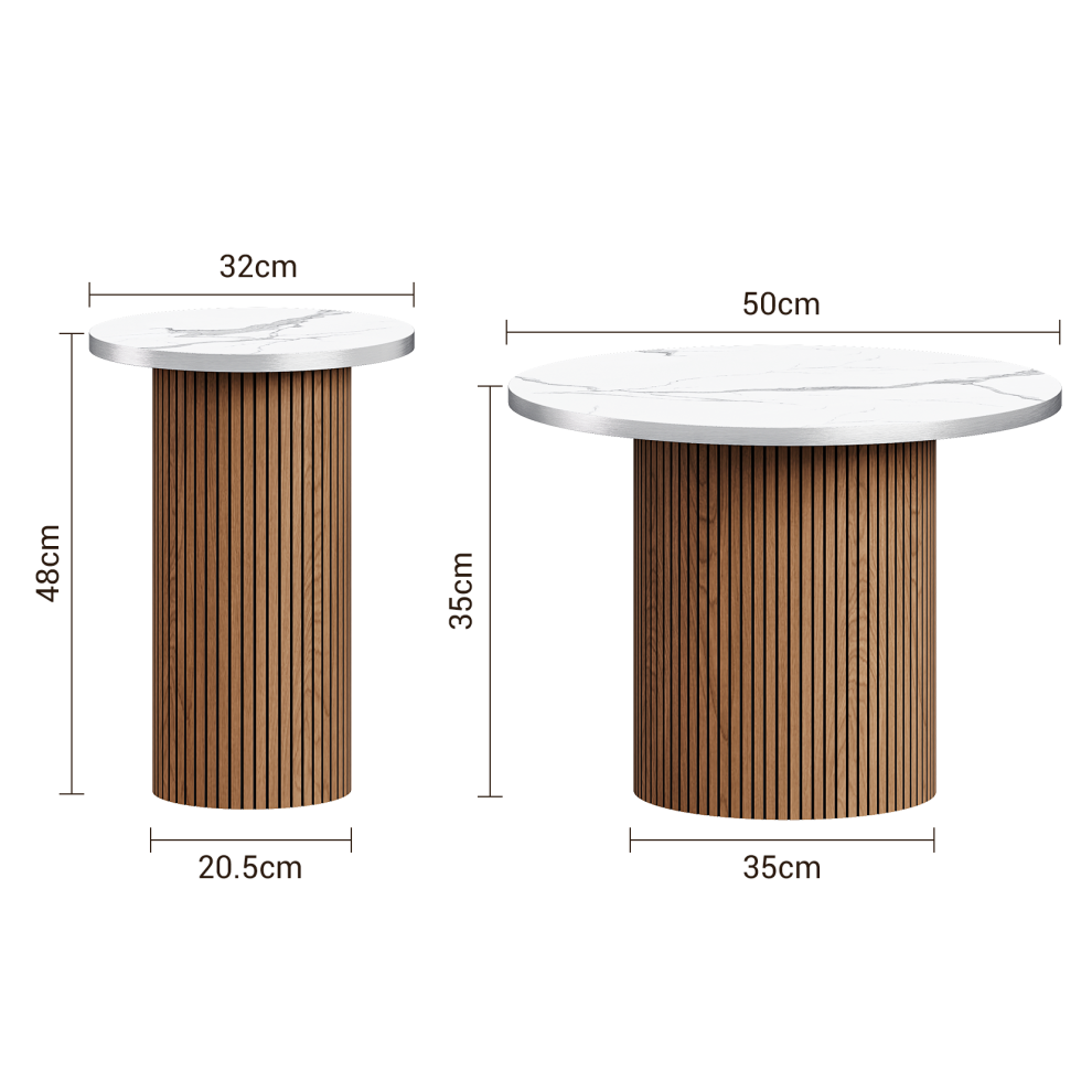 Fluted round coffee table set dimensions: 50cm x 35cm coffee table and 32cm x 48cm side table