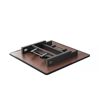 Underside of the folding square coffee table with black metal legs and hinged braces folded flat