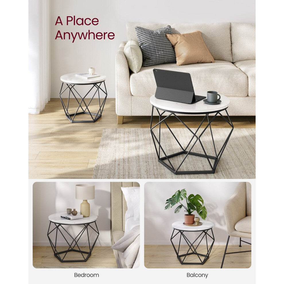 Geometric white round tables used in a living room, bedroom and on a balcony