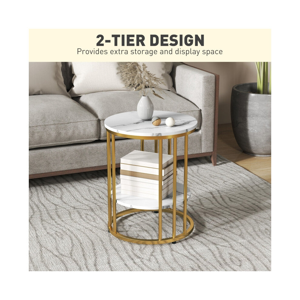 Gold and white round side table with books on the lower shelf