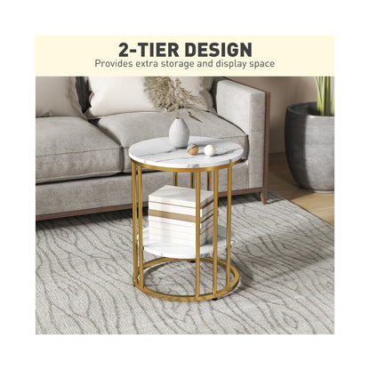 Gold and white round side table with books on the lower shelf