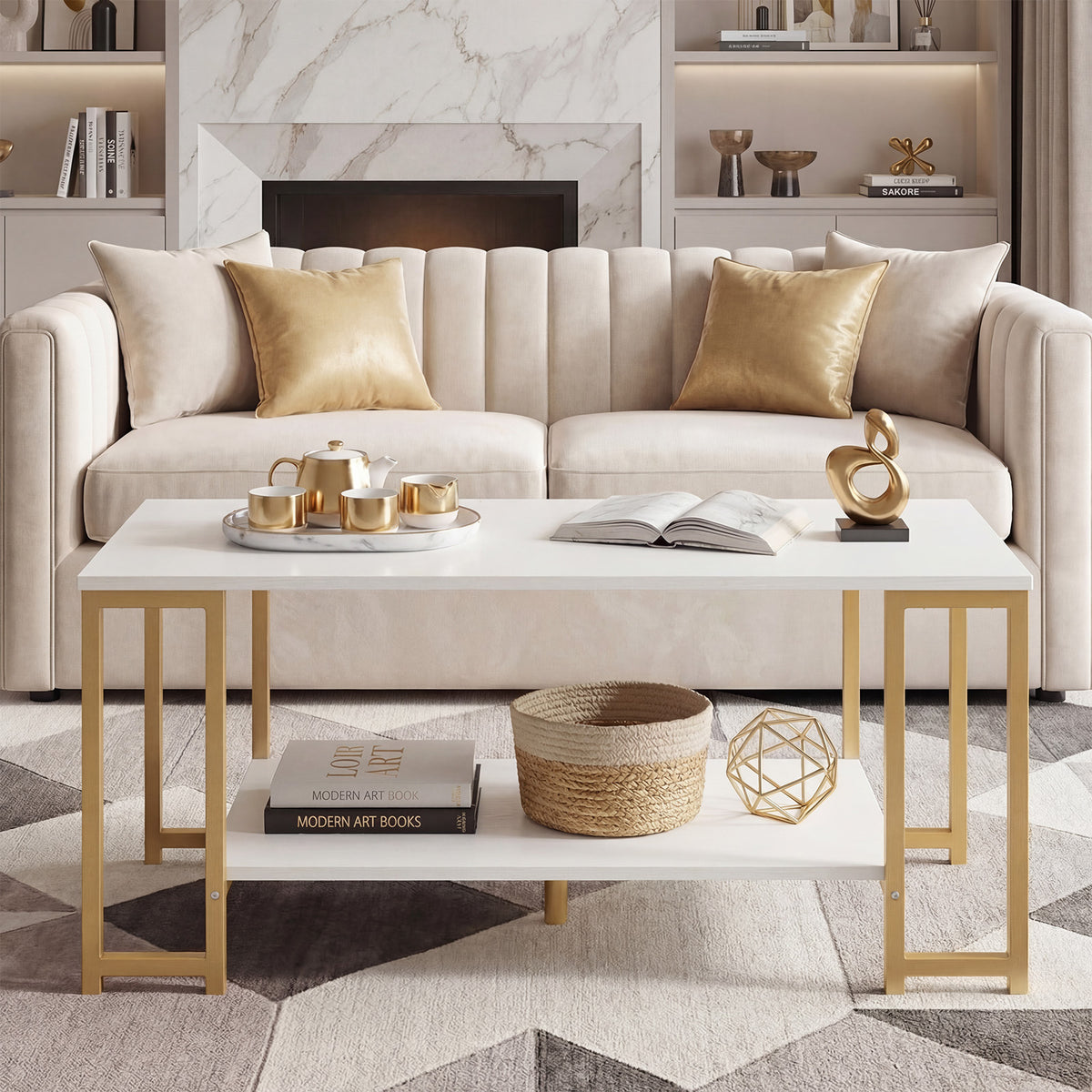Gold-frame white coffee table in front of a cream channel-back sofa with basket on the lower shelf