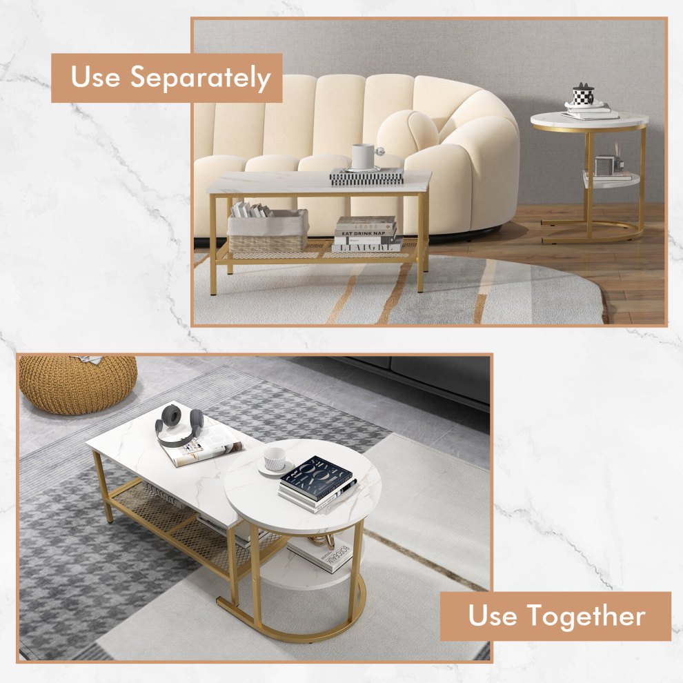 Gold marble coffee table set shown used separately and nested together