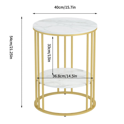 Gold round side table dimensions: 40cm diameter, 54cm high, 36.8cm shelf