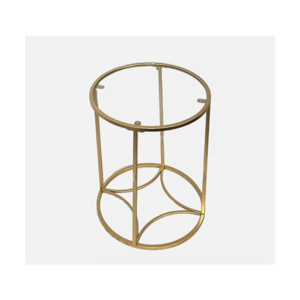 Top view of the gold metal frame showing the clear glass top support brackets and interlocking arc base