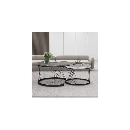 Grey and white marble-effect round coffee tables with black criss-cross frames in front of a grey sofa