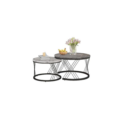 Grey and white round coffee tables on black hourglass wire frames, white background