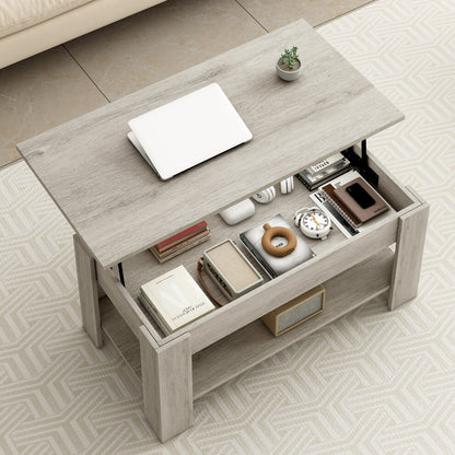 Top view of grey coffee table storage compartment filled with books, clock and notebooks