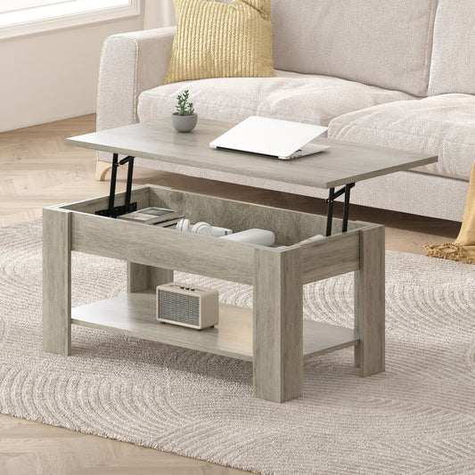 Grey coffee table with storage and lift up top raised with a laptop in front of a cream sofa