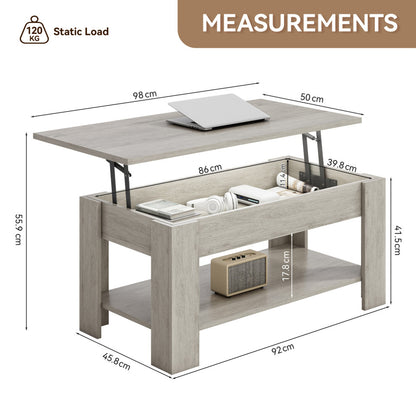 Dimensions of grey lift top coffee table 98 x 50cm top, 41.5cm to 55.9cm high, 120kg static load