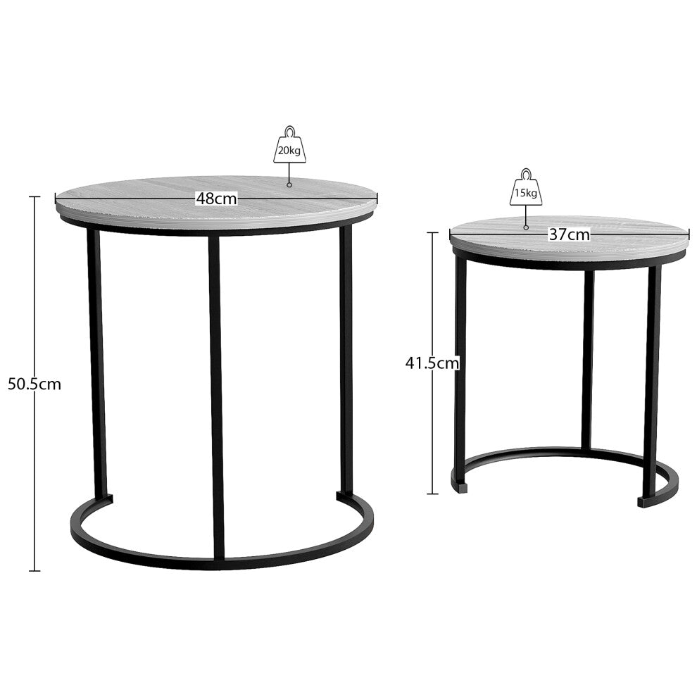 Grey round nesting side tables dimensions: 48cm x 50.5cm (20kg) and 37cm x 41.5cm (15kg)