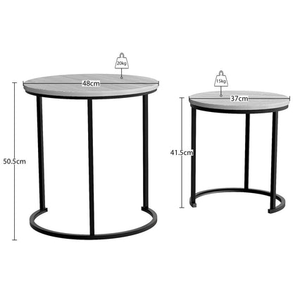 Grey round nesting side tables dimensions: 48cm x 50.5cm (20kg) and 37cm x 41.5cm (15kg)