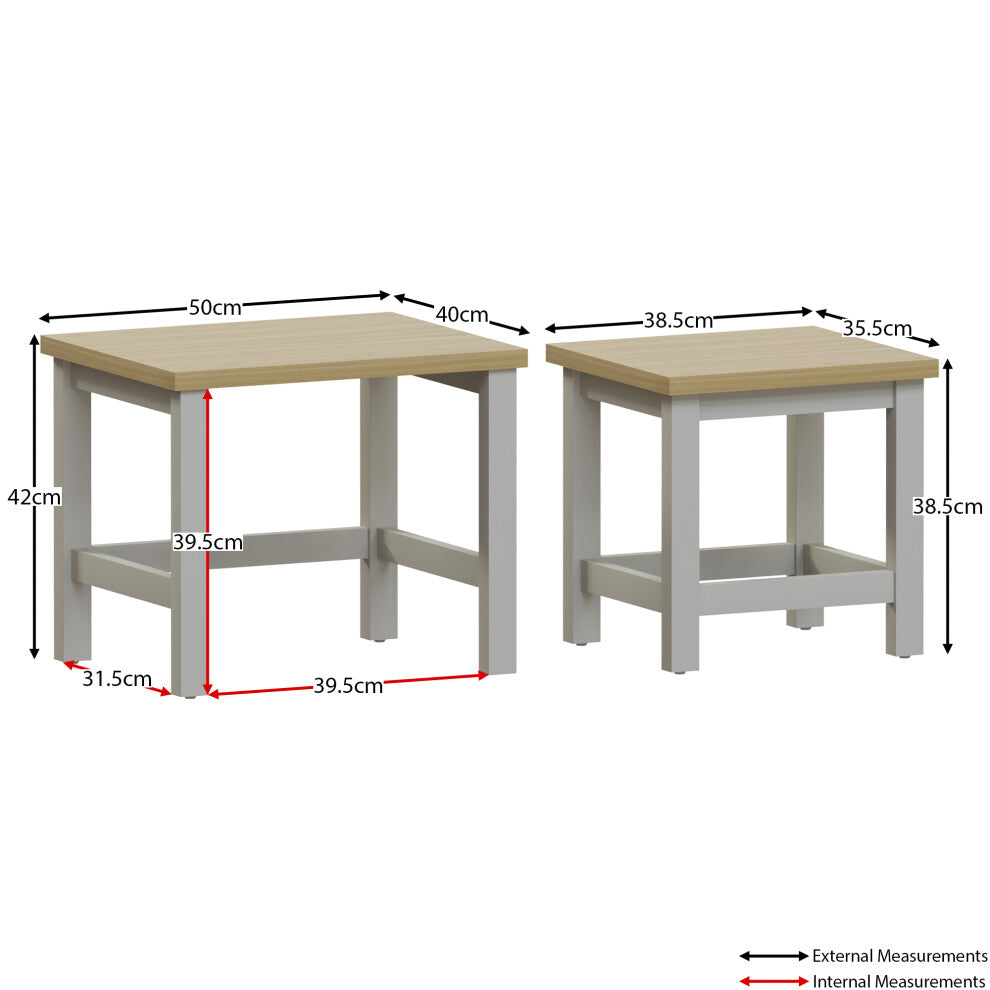 Grey square nest of tables dimensions: large 50 x 40 x 42cm, small 38.5 x 35.5 x 38.5cm, internal 39.5cm