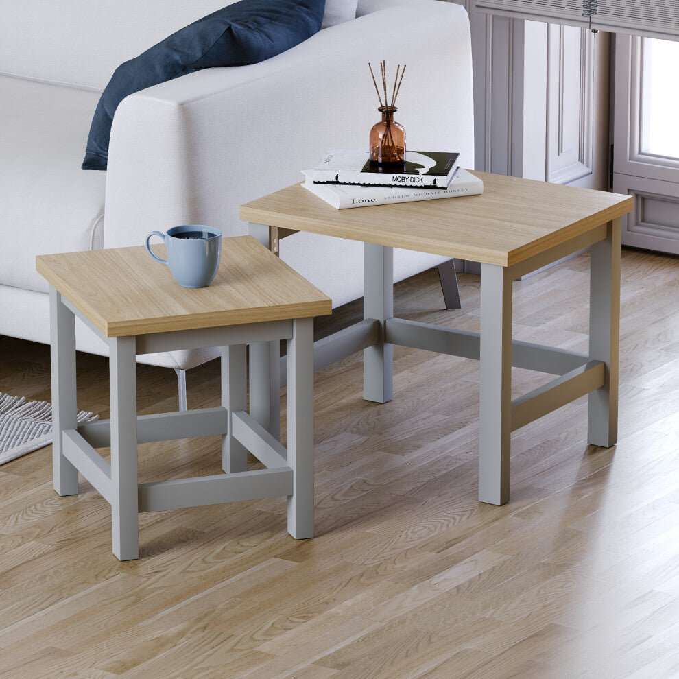 Set of 2 grey square side tables with oak-effect tops and Shaker-style painted frames shown separately