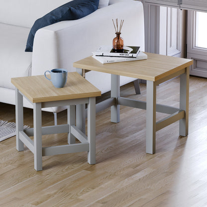 Set of 2 grey square side tables with oak-effect tops and Shaker-style painted frames shown separately