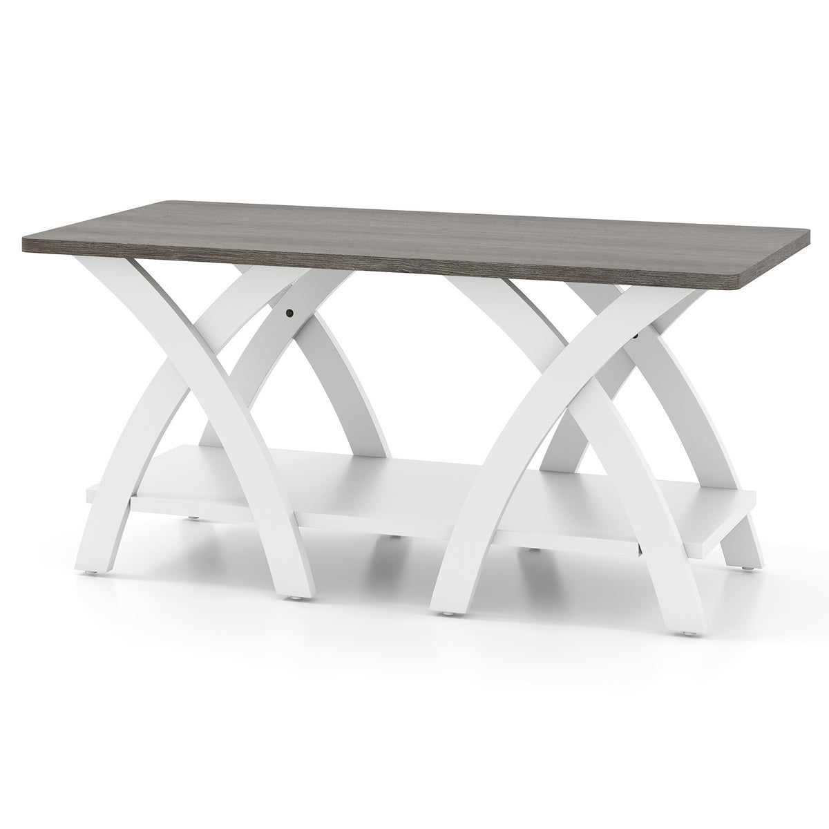 Rectangular grey and white coffee table with arched X-shaped legs on a plain white background
