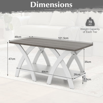 Dimensions diagram of grey and white rectangular coffee table 101.5cm long, 48cm deep, 47cm high