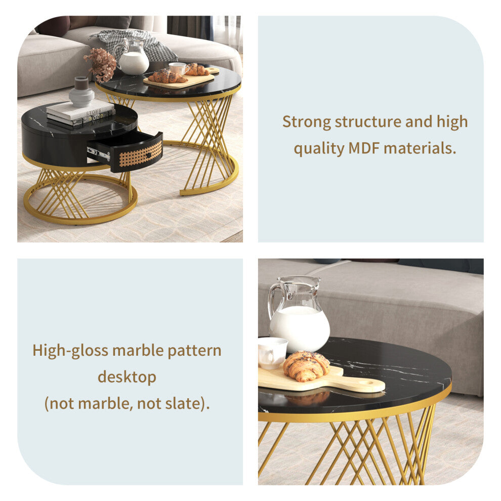 High-gloss black marble-effect round coffee table top with gold metal frame