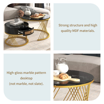 High-gloss black marble-effect round coffee table top with gold metal frame