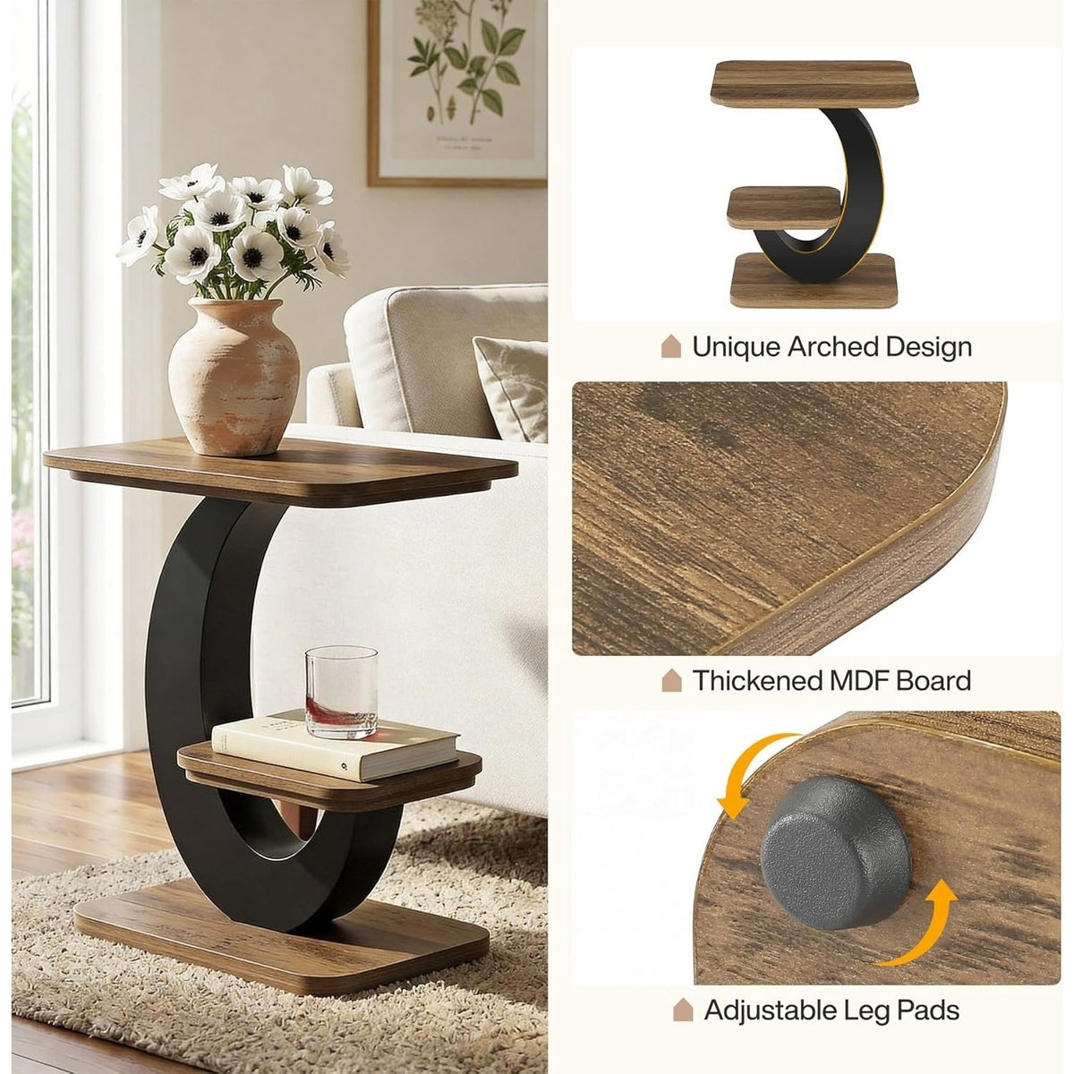 Industrial side table showing arched frame, thick MDF top and adjustable foot pad