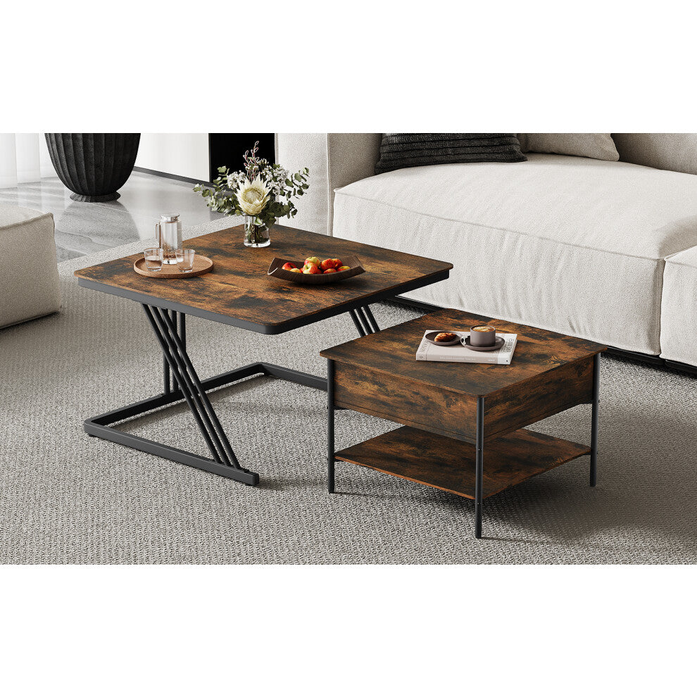 Industrial brown and black square nesting coffee tables staggered in a modern living room