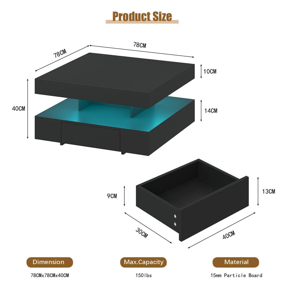Large square coffee table dimensions: 78 x 78 x 40cm, 10cm top, 14cm LED shelf, drawer 40 x 30 x 13cm