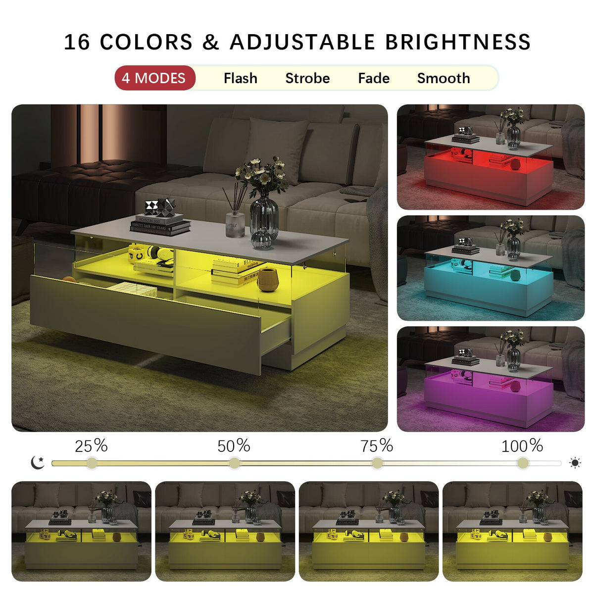 LED coffee table lighting guide showing 16 colours and 4 lighting modes