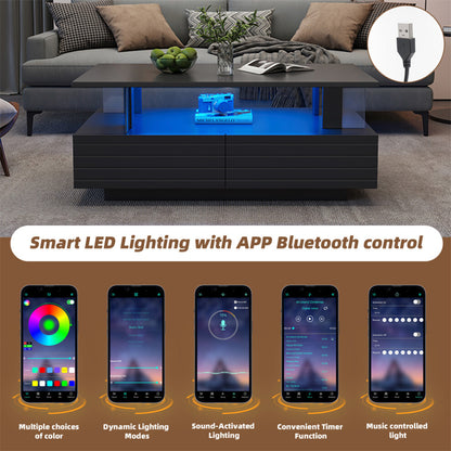 Black LED coffee table with Bluetooth app lighting control and USB power plug