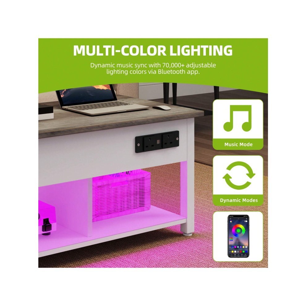 Coffee table with storage and LED lighting controlled by Bluetooth app with music mode