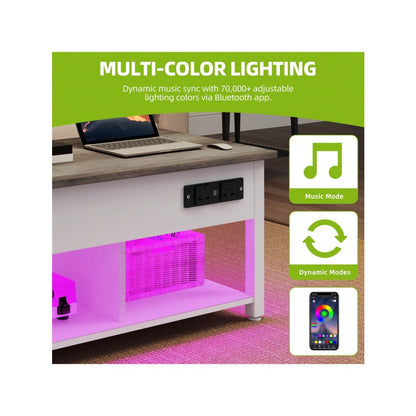 Coffee table with storage and LED lighting controlled by Bluetooth app with music mode