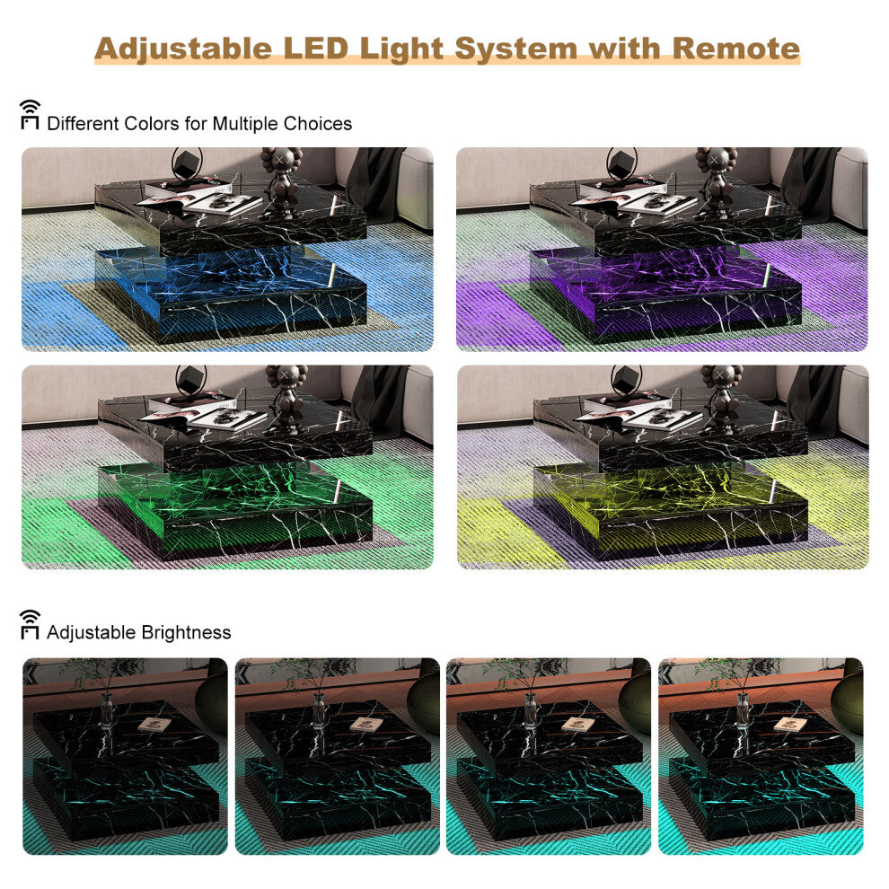 Black marble effect LED coffee table glowing blue, purple and green with adjustable brightness