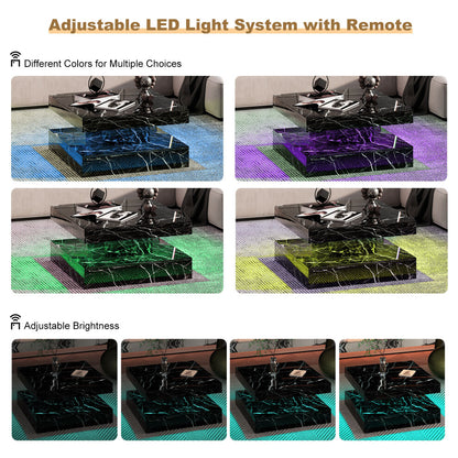 Black marble effect LED coffee table glowing blue, purple and green with adjustable brightness