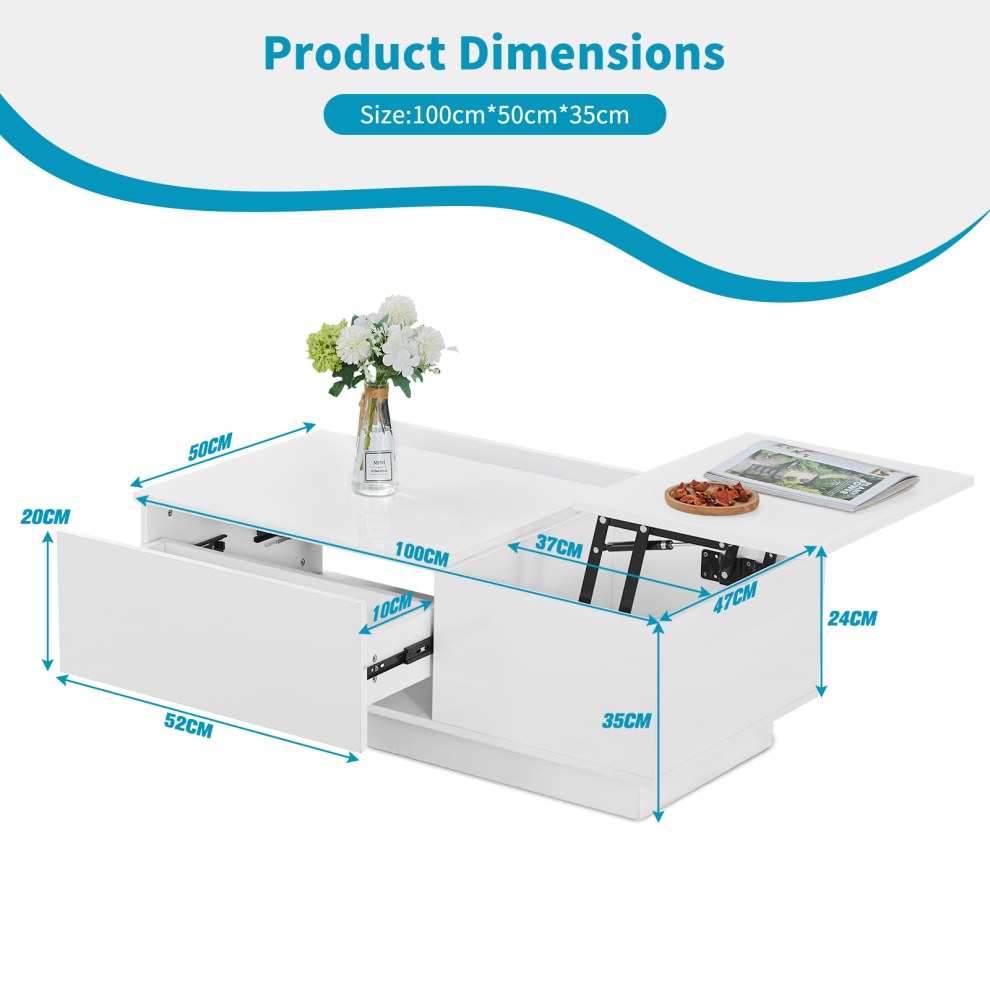 Dimensions of lift top coffee table 100cm long 50cm wide 35cm high with drawer and storage well sizes