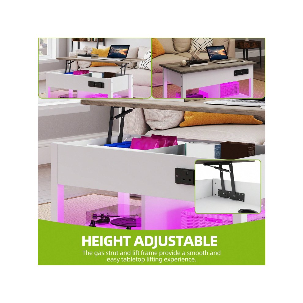 Lift top coffee table showing gas strut hinge and hidden storage compartment