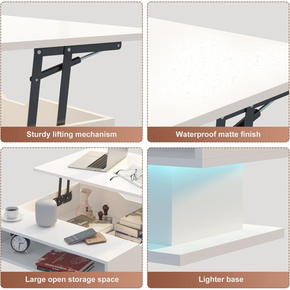 Details of the sturdy lifting mechanism, water-resistant matt white finish, open storage shelf and LED pedestal base