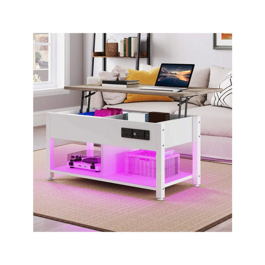 White and grey oak effect lift top coffee table with charging sockets and pink LED lighting in a living room