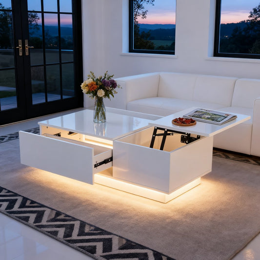 White high gloss lift top coffee table with storage, open drawer and warm LED glow in a living room