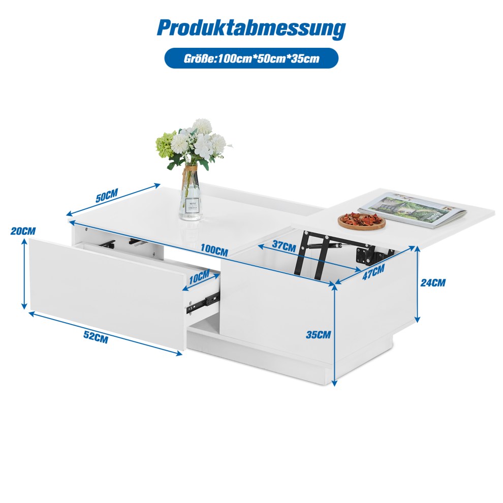 Dimensions of lift up coffee table 100 x 50 x 35cm with drawer and storage bay sizes