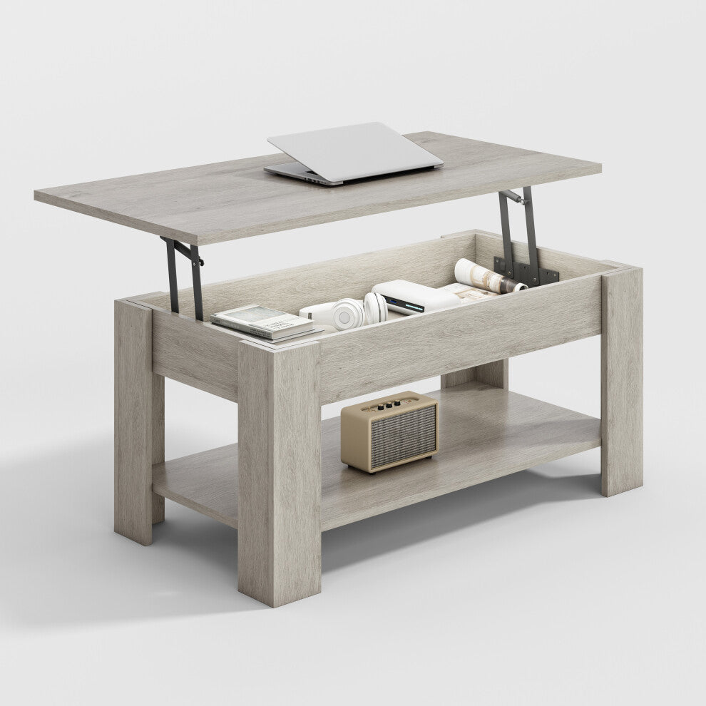 Lift up coffee table in grey oak effect with hidden compartment and lower shelf