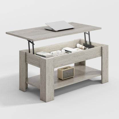 Lift up coffee table in grey oak effect with hidden compartment and lower shelf