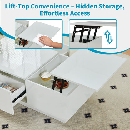 Close-up of lift up coffee table mechanism and hidden storage compartment