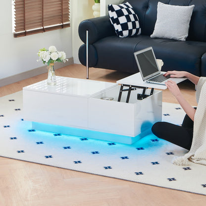 Lift up coffee table with storage in white gloss used as a laptop desk with blue LED base