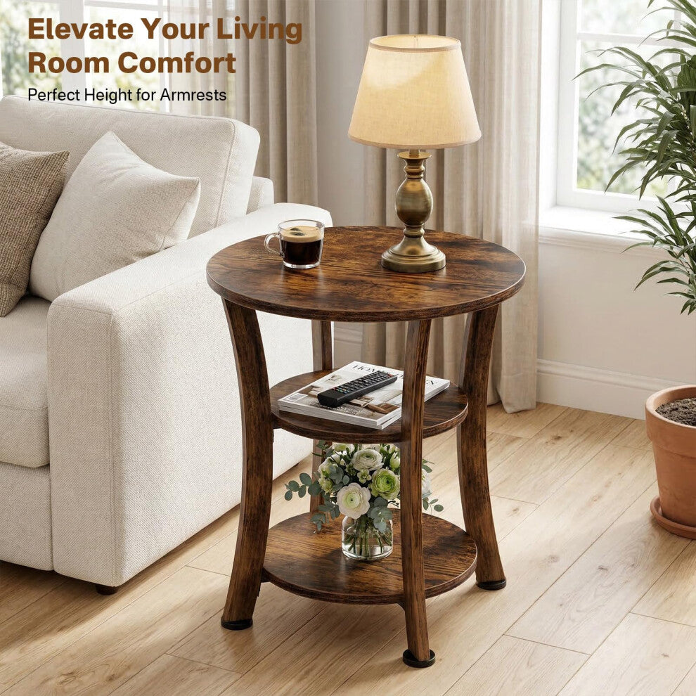 Living room small coffee table in rustic brown with a table lamp beside a cream sofa