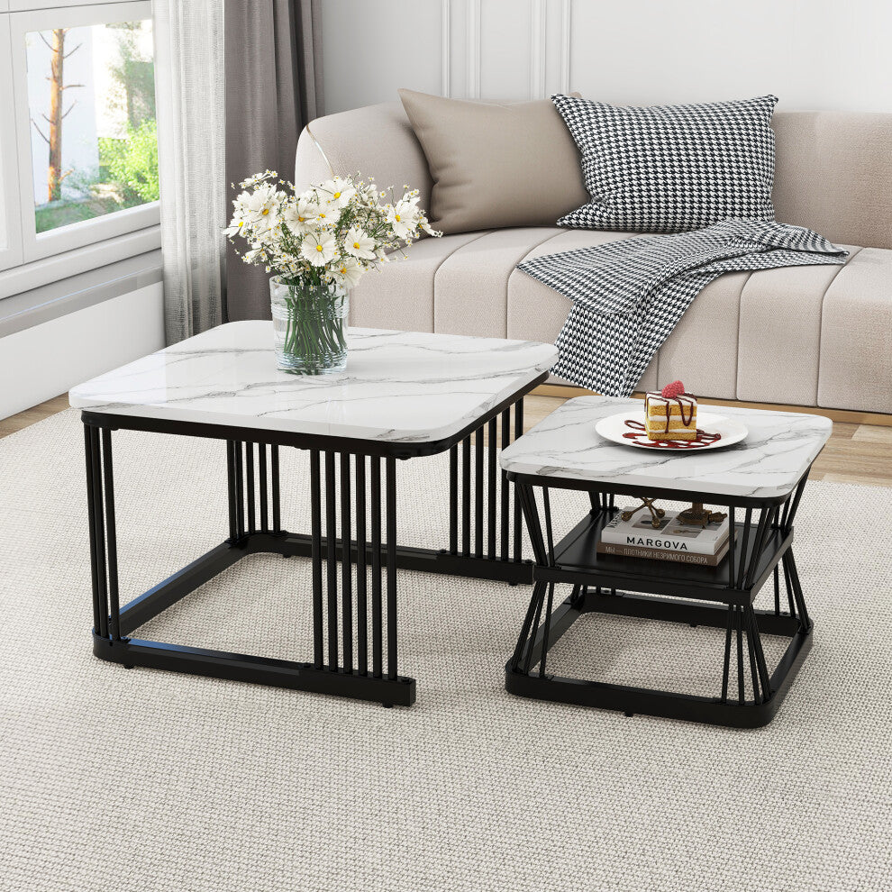 Marble and black coffee table pair with a vase of daisies and dessert plate