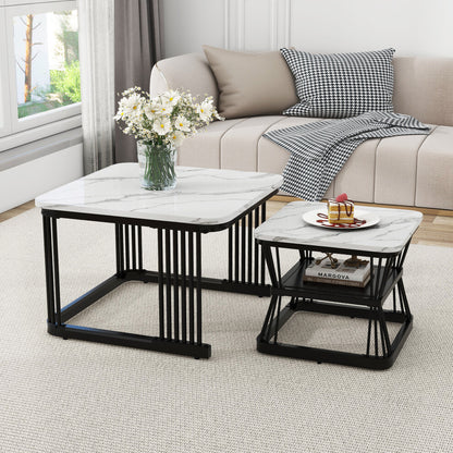 Marble and black coffee table pair with a vase of daisies and dessert plate