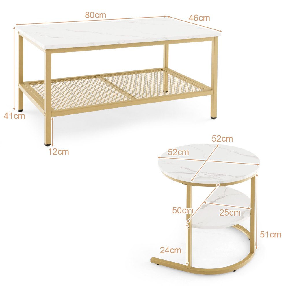 Dimensions of marble and gold coffee table 80 x 46 x 41cm and round side table 52cm diameter 51cm high