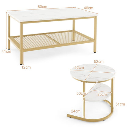 Dimensions of marble and gold coffee table 80 x 46 x 41cm and round side table 52cm diameter 51cm high