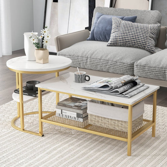 Marble and gold coffee table set: white faux marble rectangle coffee table and round side table in front of a gingham sofa