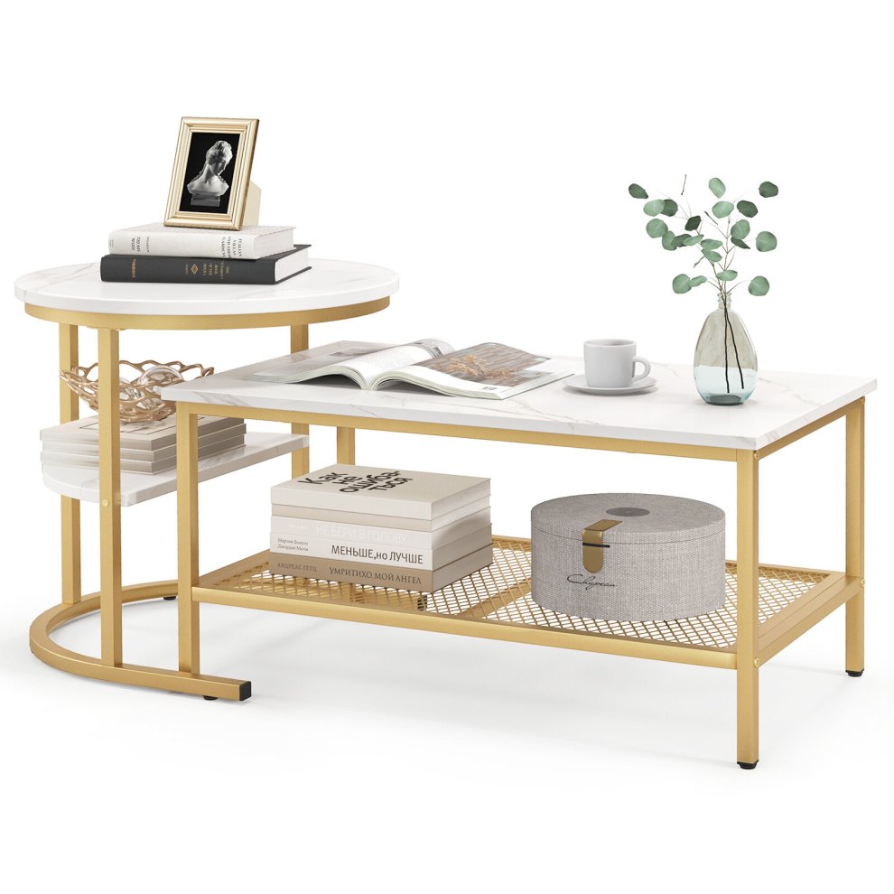 White marble effect coffee table with gold frame and nesting round side table with shelves